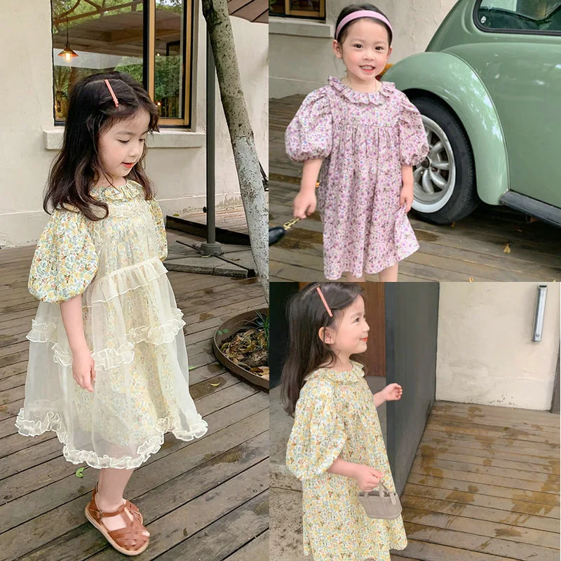 Spring And Summer New Children'S Clothing Girls Dresses Sweet Floral  Princess Dress Mesh Sling Dress