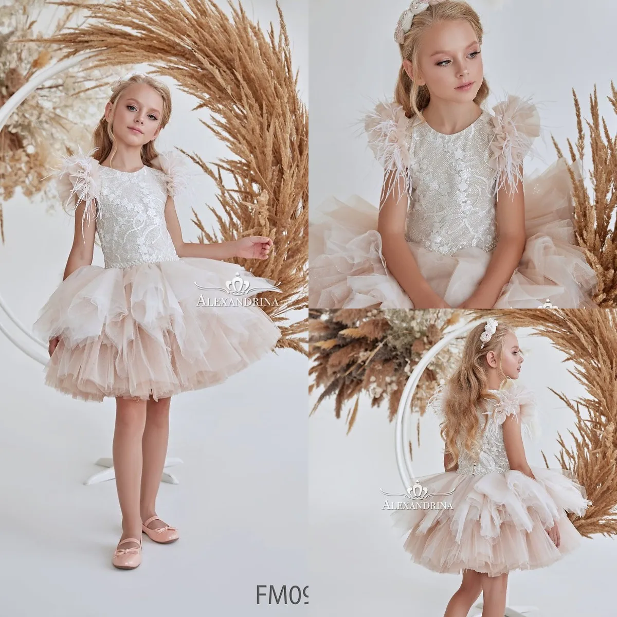 Blush pink feather 2022 vestidos da menina flor para o casamento em camadas tule curto rendas frisado crianças vestido de baile vestidos pageant para meninas