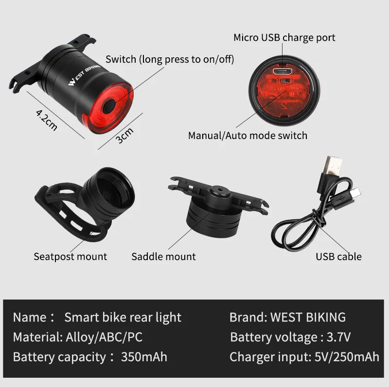 WEST BIKING Smart Bicycle Light Auto Brake Sensing Bike Rear Light Waterproof USB Charging LED Taillight Cycling Accessories