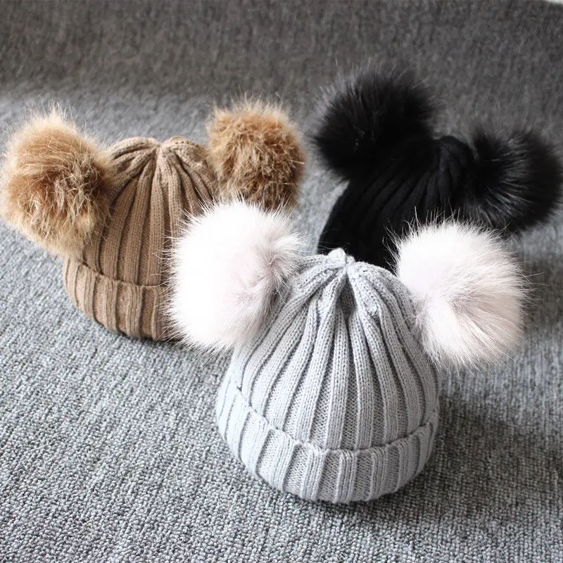 Winter Wool Knitted Hat Children Infant Newborn Kids Baby Caps Beanie with Two Double Pom Pom Beanie for Boys Girl 1-3 Years