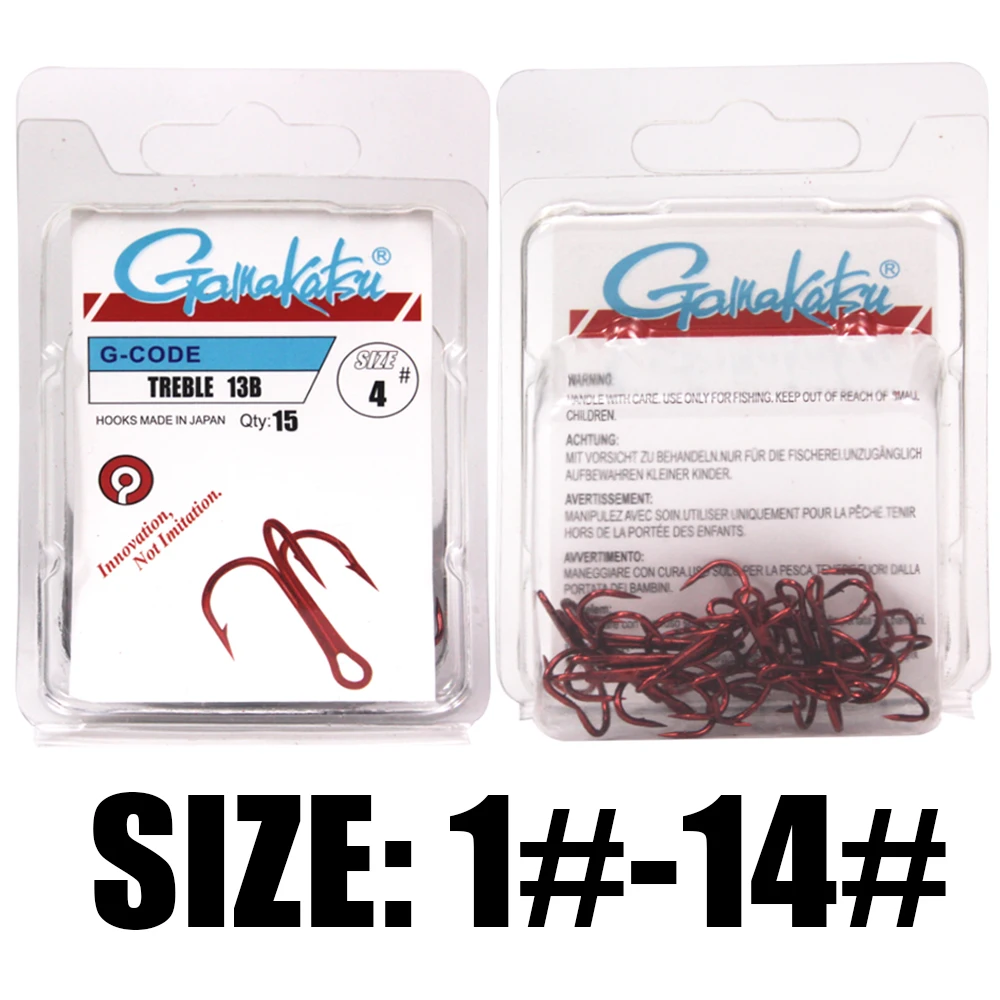 15 ชิ้น/ล็อต 1 #-14 # รุ่น 13B สามตะขอสีแดงนิกเกิลสี Fishhook ตะขอตกปลาคาร์บอนเหล็ก treble Hooks gamakatsu