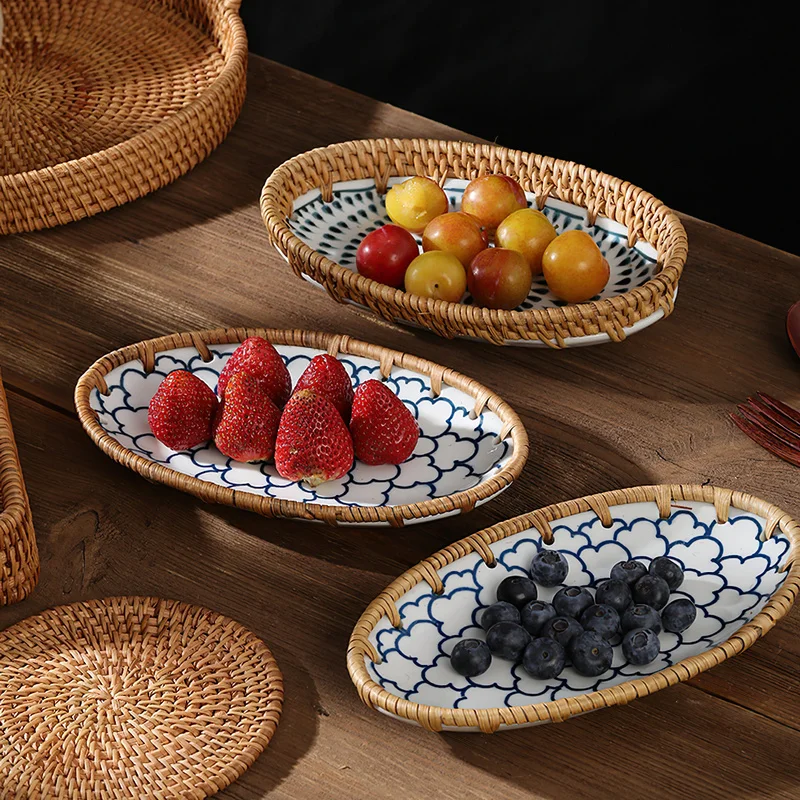 Japanese Rattan 20*12cm Tableware Fruit Tray Cake Candy Retro Snack Storage Basket Specialty Plates Organizer Household Kitchen