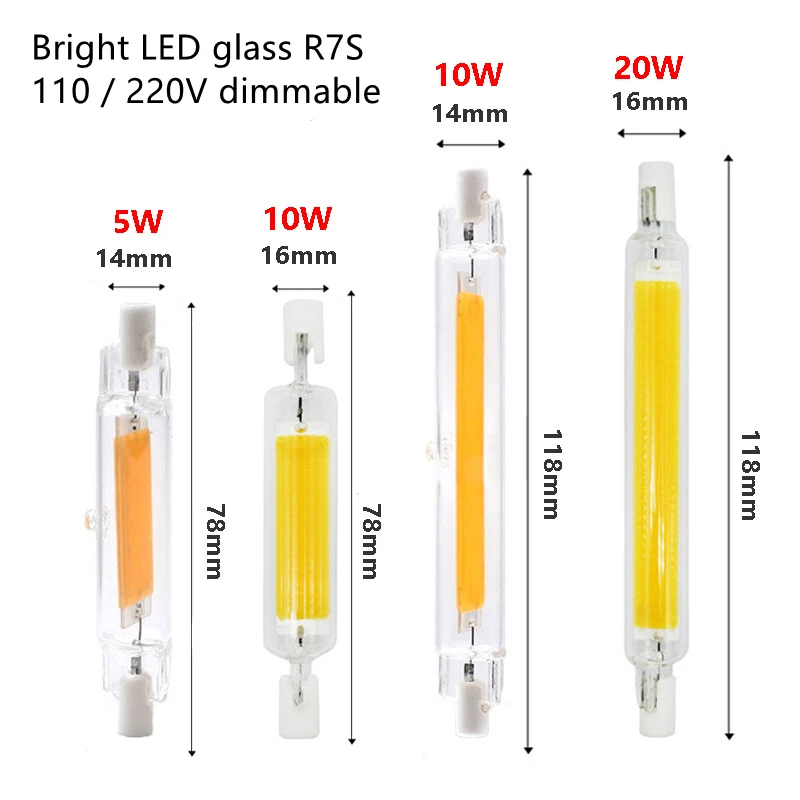 

R7S J118 COB LED Bulbs 78mm 10w 118mm 15w 135mm 20w 189mm 110v 220v Warm White Cool White 90-120m per watt Replace Halogen Lamp