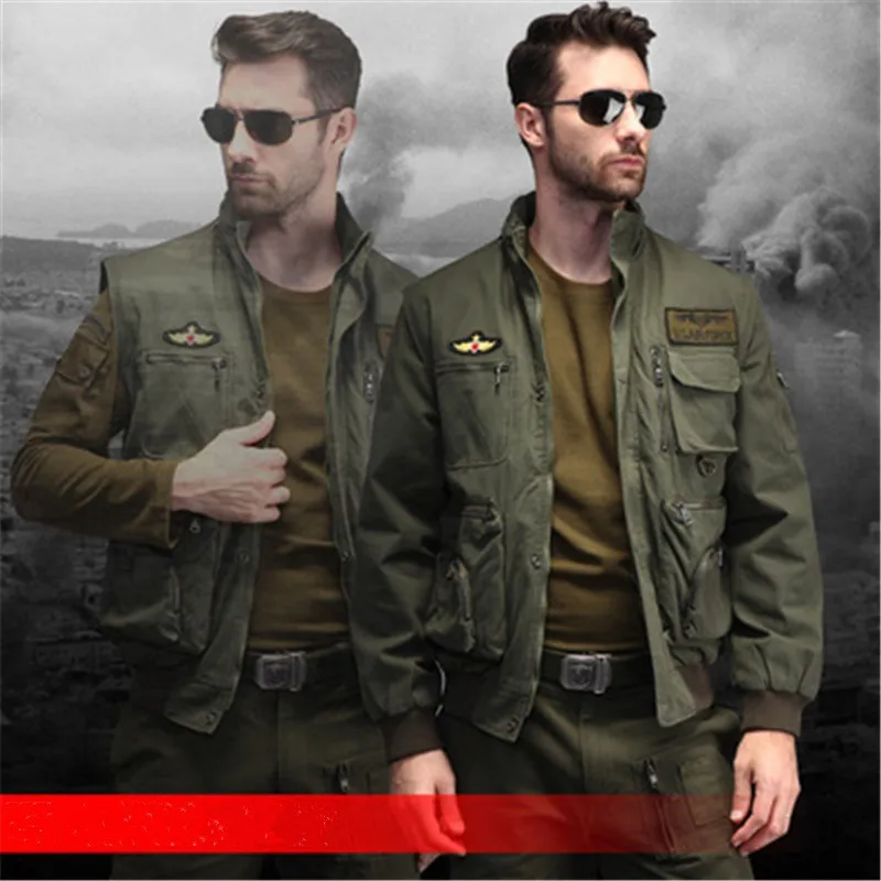 

Spring Autumn Winter Removable Sleeve Flight Jacket Army Fan Green Men's Multi-pocket Stand Collar Coat Outdoor Military Clothes