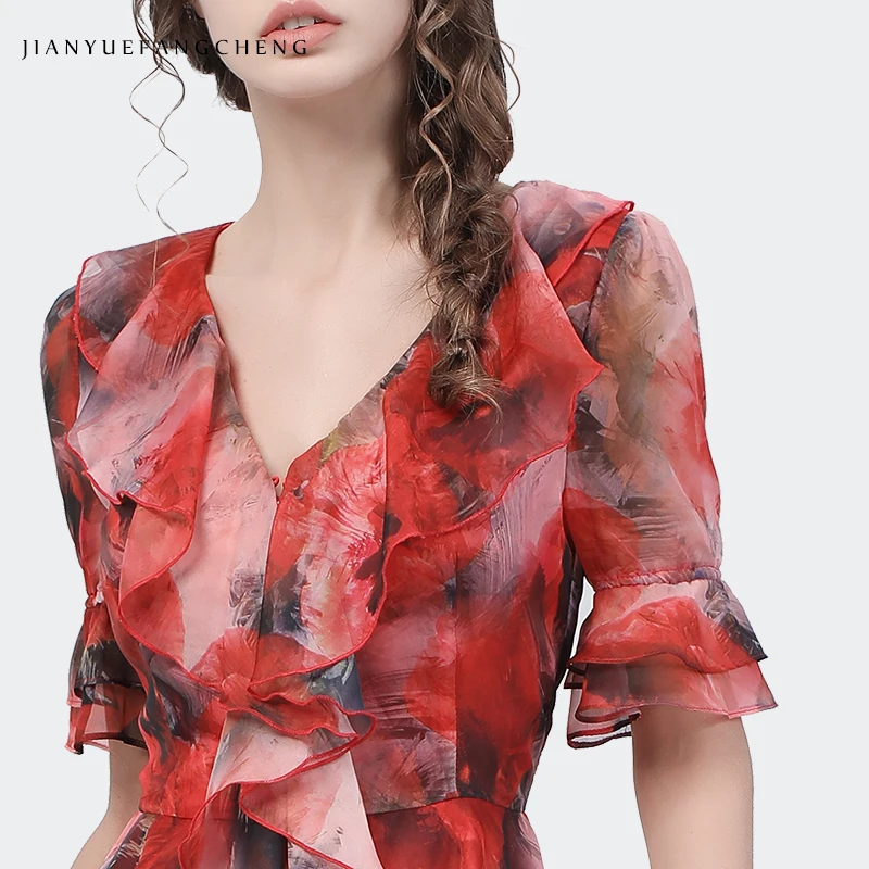 Fashion Red Chiffon Printed Blouse Women Summer Short Sleeve V-Neck Slim Ruffles Tops Plus Size Elegant All-Match Casual Shirts