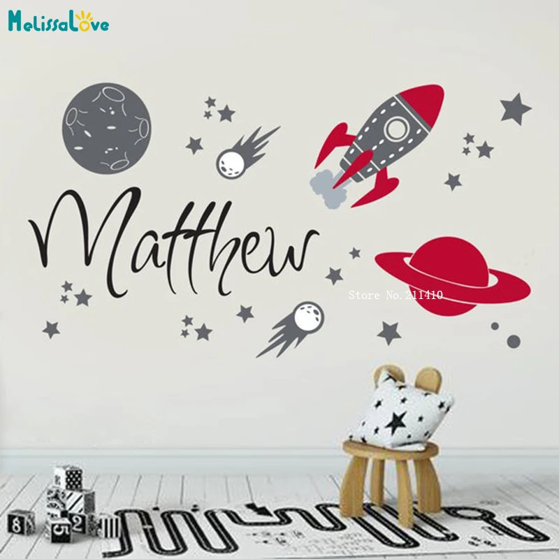 Custom Name Outer Space Wall Decals Stars Planets Kids Boys Room Stickers Personalized Rocket Galaxy Décor YT5311