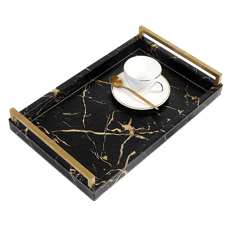 Imagem -06 - Nordic Marmorizado Couro Bandeja Retangular Metal Handle Plate Bandejas de Armazenamento Decorativas Casa Hotel Mesa de Café Grande Prato de Serviço