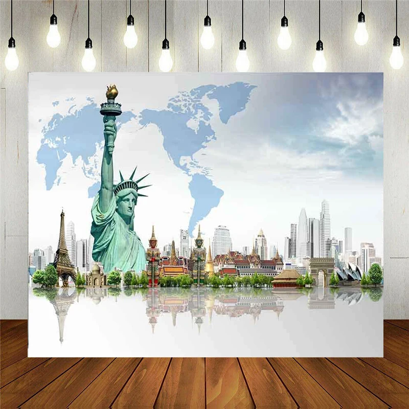 Worldwide Travel Around The World Map Worldwide Famous Landmark Photography Background Earth Surface Eiffel Tower Backdrop Decor