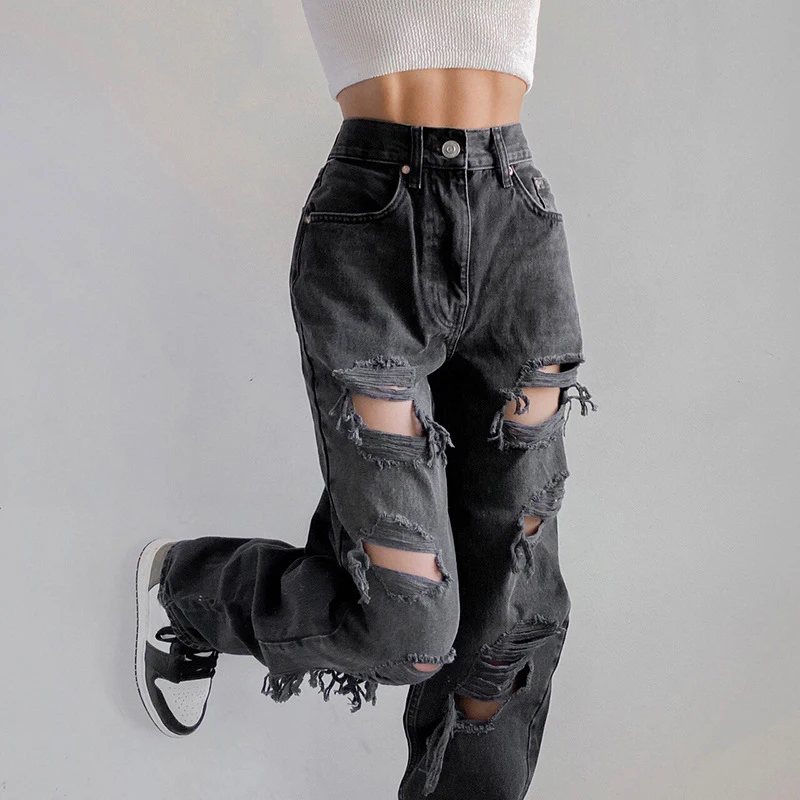 Spring 2022 Womens Fashion Cyber Y2k Jeans Ripped Women Pants High Waist Distressed Jeans Streetwear Hole Bermuda Harajuku Pants