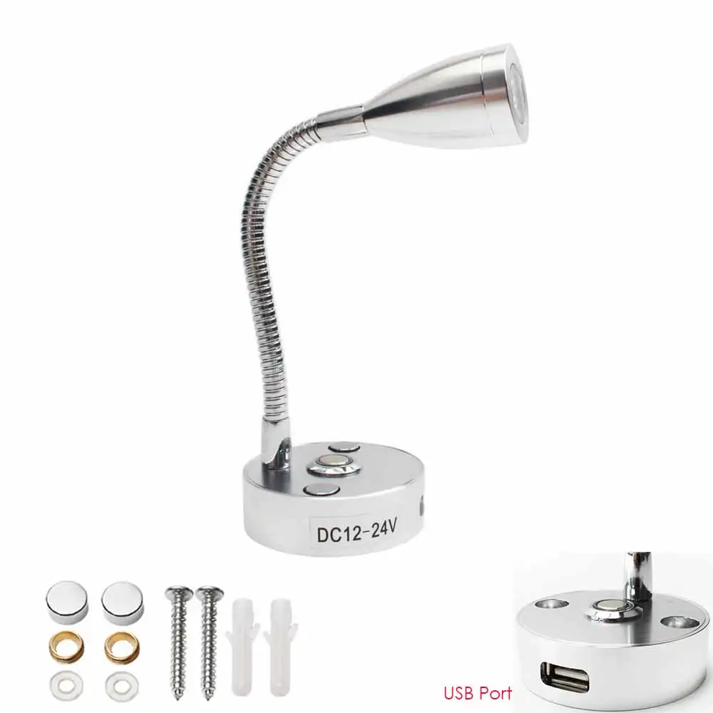 

DC12V 24V RV Boat LED Reading Light Dimmable Flexible Gooseneck Wall Lamp for Bedroom Interior Motorhome with USB Charger Port