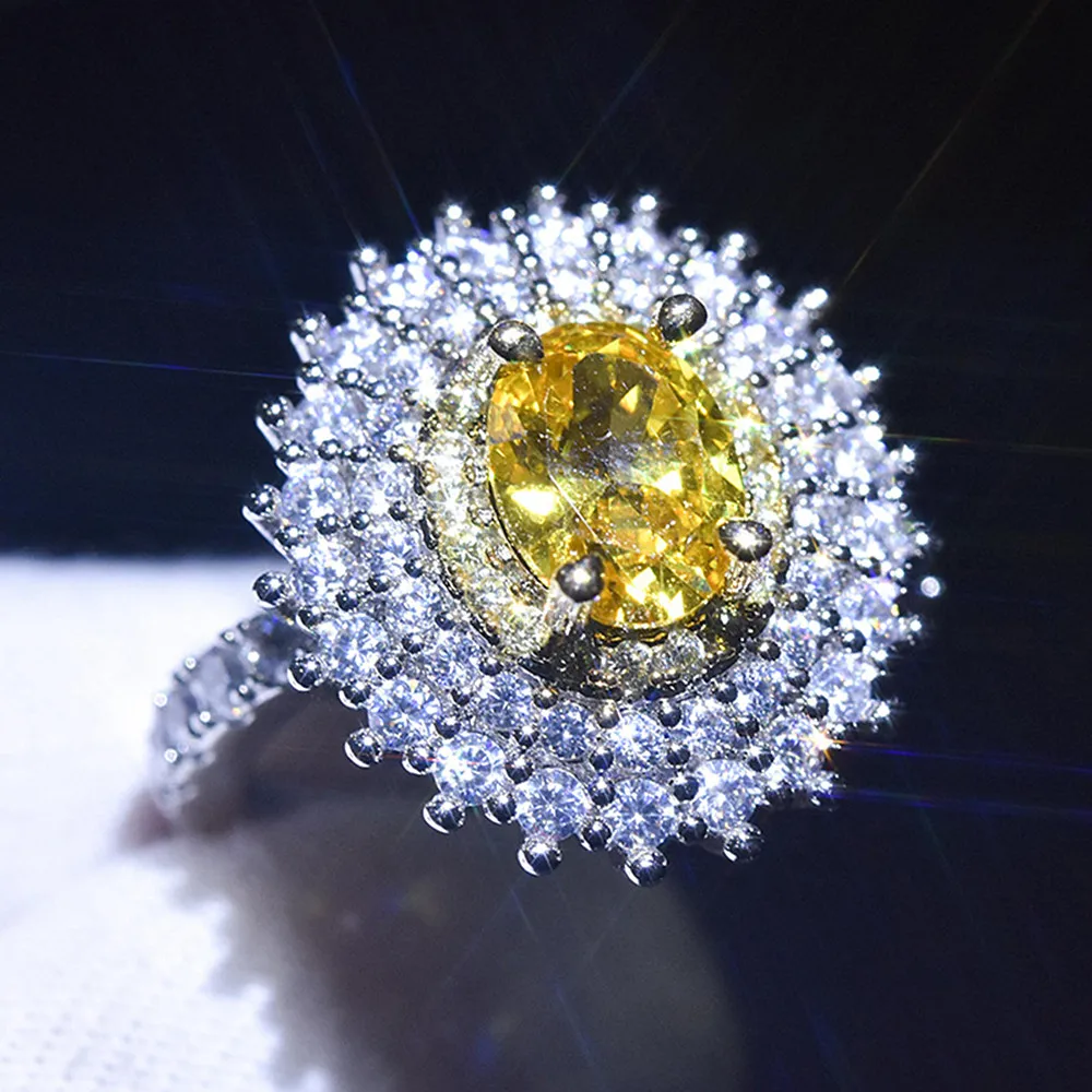 Luxury flower yellow crystal citrine gemstones zircon diamonds rings for women white gold silver color bague jewelry party gifts