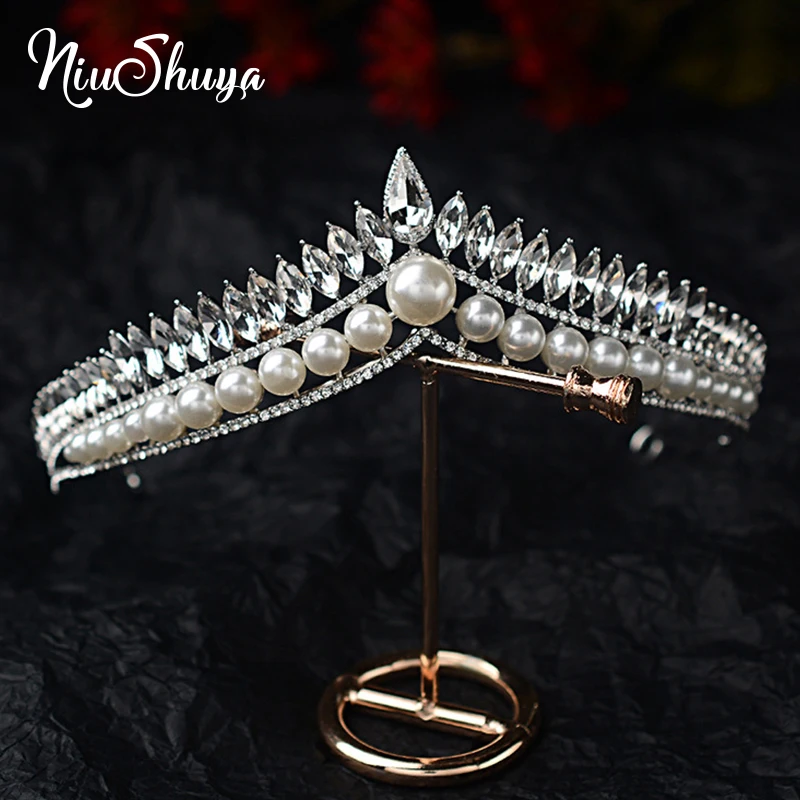 NiuShuya Wedding Bridal Crystal Pearl Beads Tiara Headband Prom Girl Princess Crown Headwear Hair Accessiories