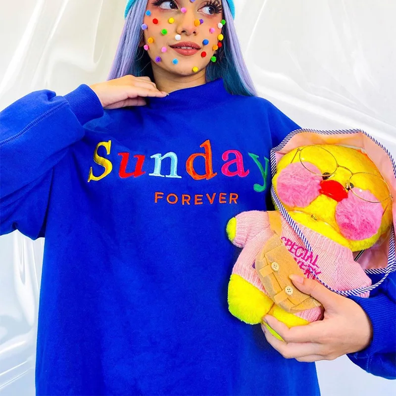 Sundays Forever Rainbow Letters Embroidery Printing Blue Vintage Sweatshirts Loose Thick Crewneck Fleece Women Casual Pullover