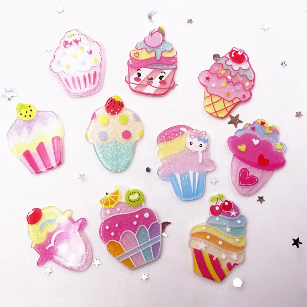 Kawaii Colorful Glitter Mix Ice Cream Flatback Acrylic Sheet Miniature Pattern 10pcs Applique DIY Scrapbook Home Decor Craft J04