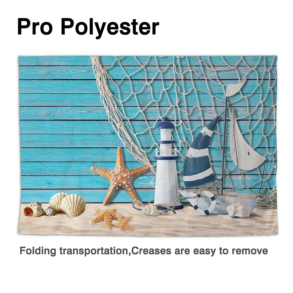 Allenjoy Zomer Fotografie Achtergrond Zeilboot Zeester Netto Vuurtoren Strand Hout Kind Verjaardag Portret Achtergrond Photobooth