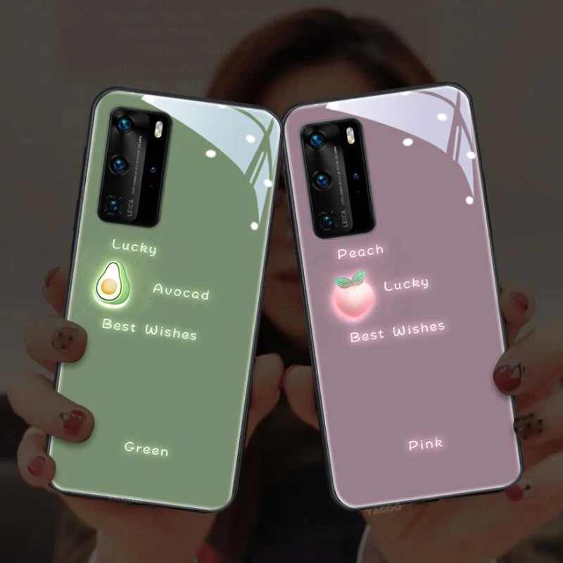 For Huawei P40 P30 P20 Pro Plus Green Music Glow Flash Glass Cellphone Case For Huawei Mate 20 30 Pro 3D Fruit Phone Case Cover