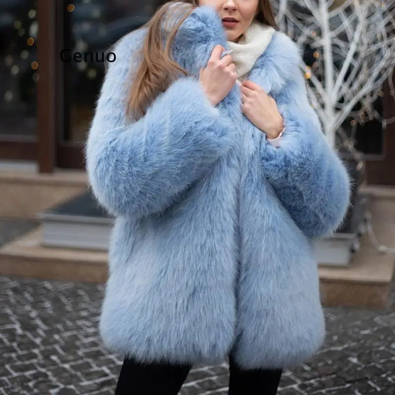 Women Winter Thick Fur Long Coat Jacket Loose Plush Soft Fluffy Outerwear Long Sleeve Faux Fur White Coat Overcoats