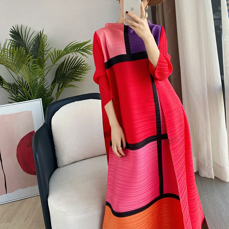 LANMREM Women Autumn Summer Long Dresses  Three Quarter Sleeve Casual Office Party Lady Elegant Plaid Dress 2D1236