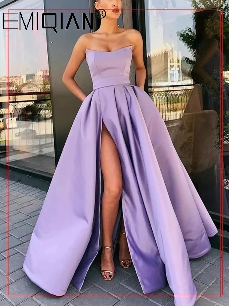 Elegant Strapless Party Gown Satin Sexy Prom Dress Lilac High Slit Plus Size Prom Dresses Long vestido fiesta