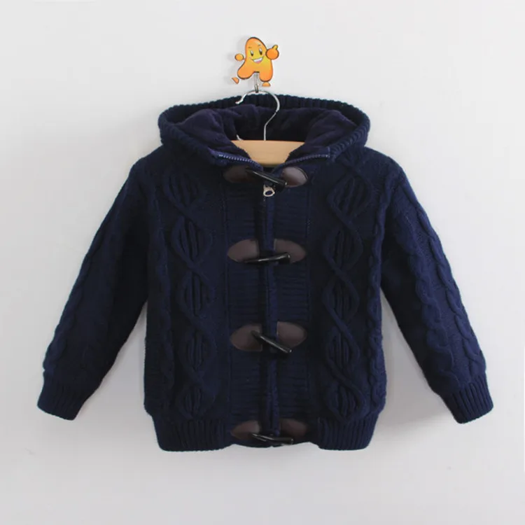 Children's Fall Winter Hooded Knitted Sweater Baby Boys Velvet Thickened Knitwear Coat Little Kids Casual Knitting Jacket P212