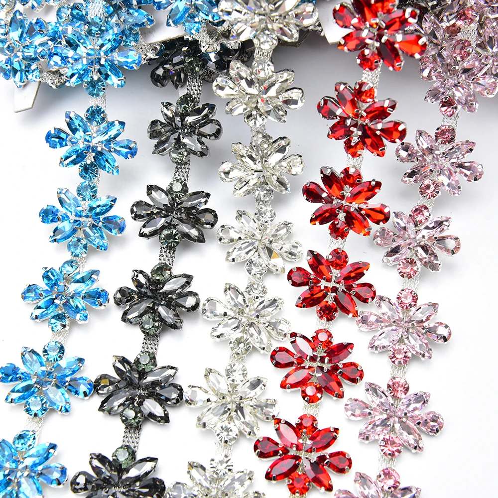 Crystal Horse Eye Glass Rhinestone Flower Diamond Cup Chain Trim Sew on Applique Garment Belt Decoration Vamp Dress Accessories