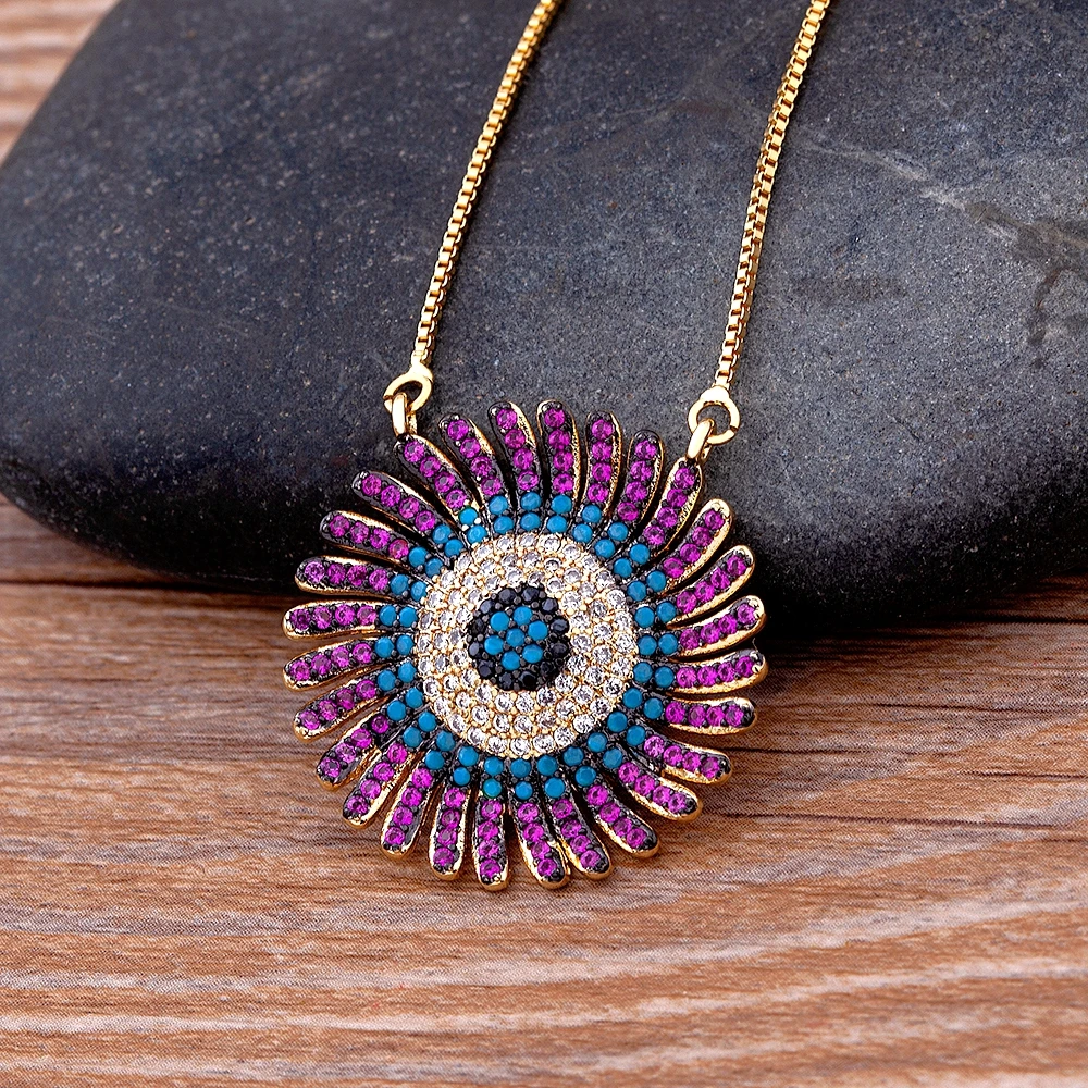 Hot Sale Turkish Evil Eye Green/Purple Pendant Women Bohemian Rhinestone Link Chain Choker Necklace Lucky Zircon Jewelry Gifts