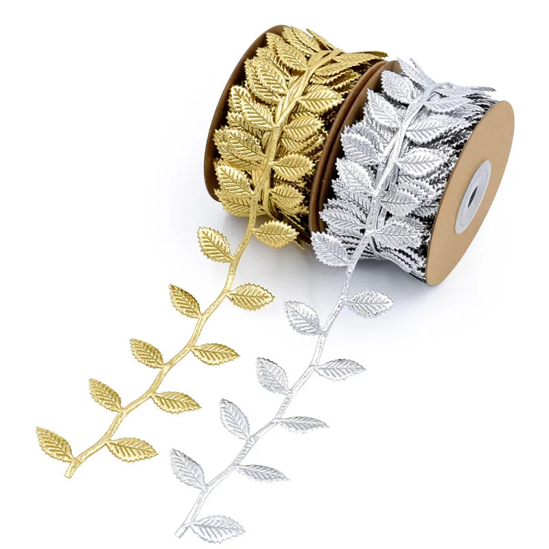 50Meter/Roll Gold Silver Printed Gift Wrap Ribbon Bows Home Party Decorative DIY Christmas Handmade Tree Leaf Ribbon For Crafts