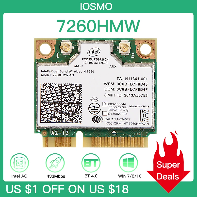 

Dual Band 300Mbps 2.4G/5Ghz 802.11ac 7260HMW AN Half Mini PCI-e Wifi Card Bluetooth-compatible 4.0 For PC Laptop Windows 7/8/10