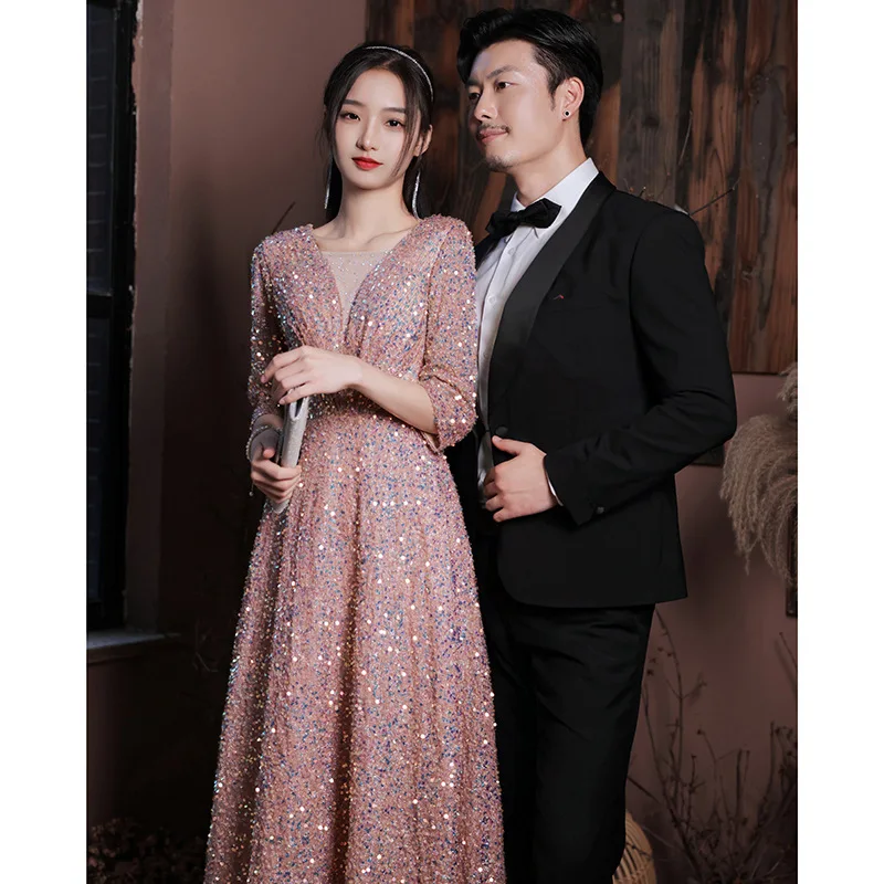 Sequin Prom Dress 2021 Fall Winter Style  Vestidos De Noite 3/4 Sleeves Elegant Formal Party Night Luxury Women Dress