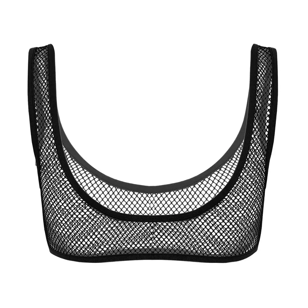 Women Fishnet Bra Top Cropped Tank Top Lingerie Deep U Neck Hollow Out See Through Fishnet Wide Shoulder Straps Vest Crop Tops