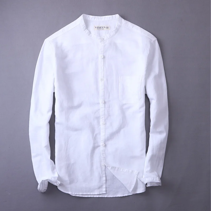 

Designer Italy New casual stand collar linen shirt men long sleeve cotton shirts for men solid white men shirt brand chemise