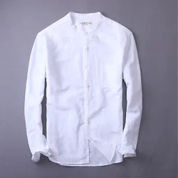 Designer Italy New casual stand collar linen shirt men long sleeve cotton shirts for men solid white men shirt brand chemise