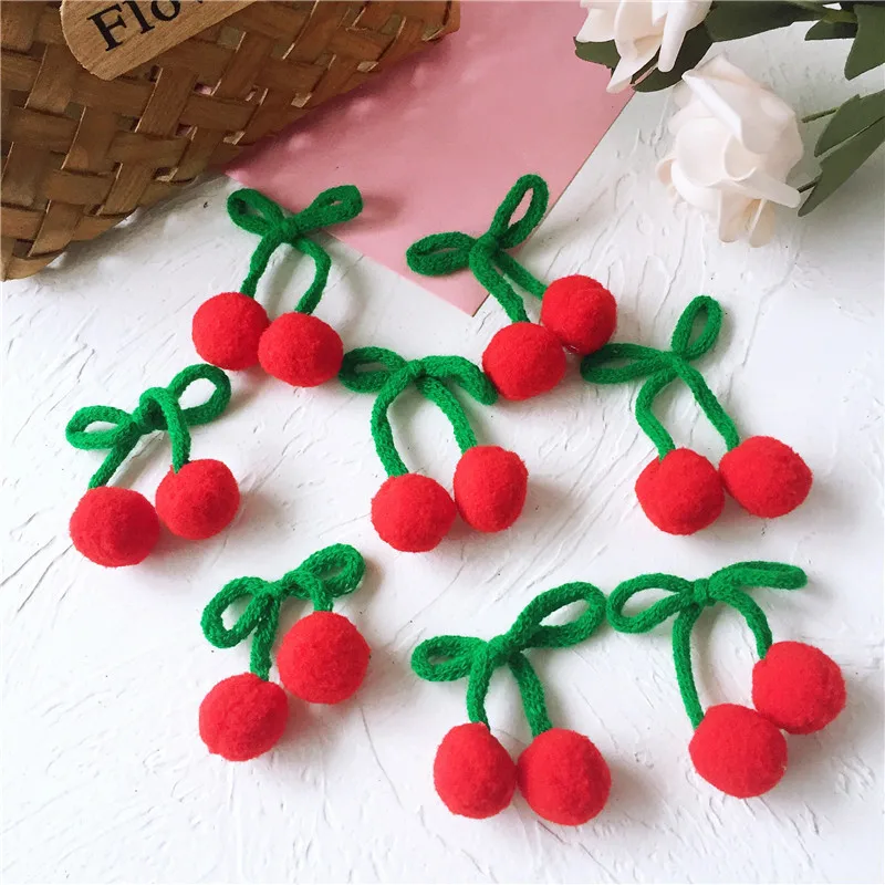 Hand Wool Cord Bright Red Cherry Patches, DIY Craft Clothes, Sewing Supplies, Hair Clip Accessories, 4x7cm, 20Pcs/ Lot