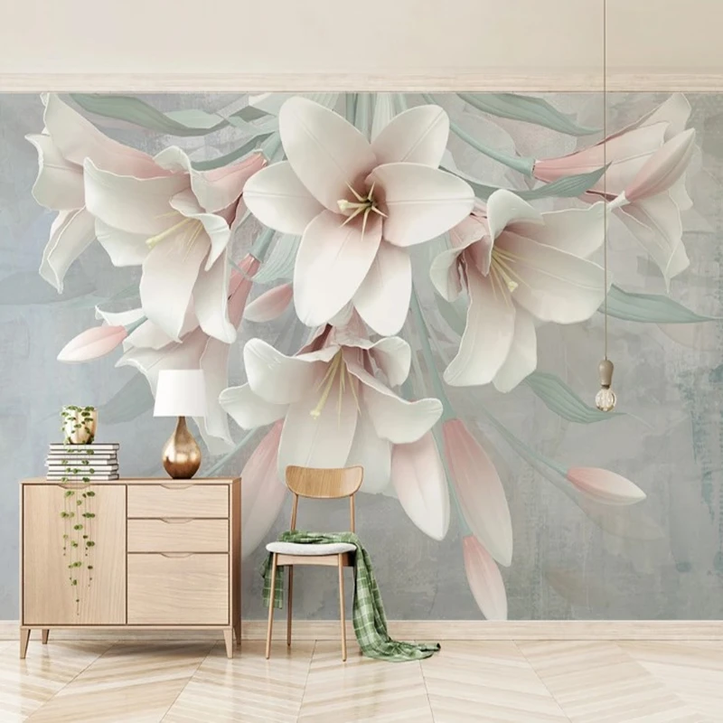 

Custom papel de parede 3d, embossed pink lily mural for living room hotel background home decoration waterproof wallpaper