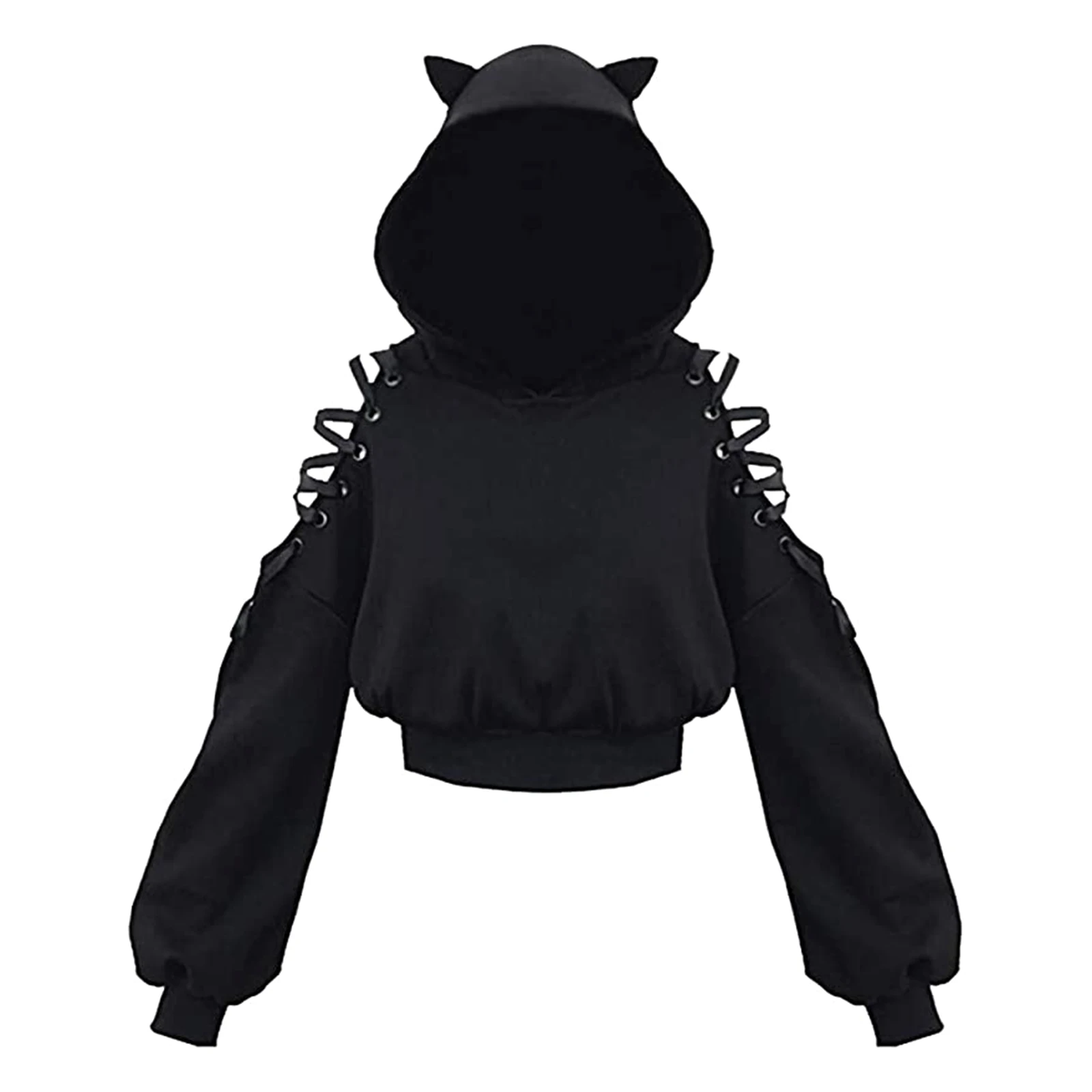 Frauen Lange Hülse Hoodies Kawaii Katze Ohren Hoodie Gothic Punk Harajuku Kalten Shouler Bandage Gothic Schwarz Sweatshirts 2021