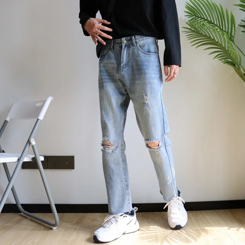 Autumn Spring 2022 New Hole Ankle-Length Pants Mens Straight Loose Vintage Casual Burrs Korean High Street Male Fashion Jeans