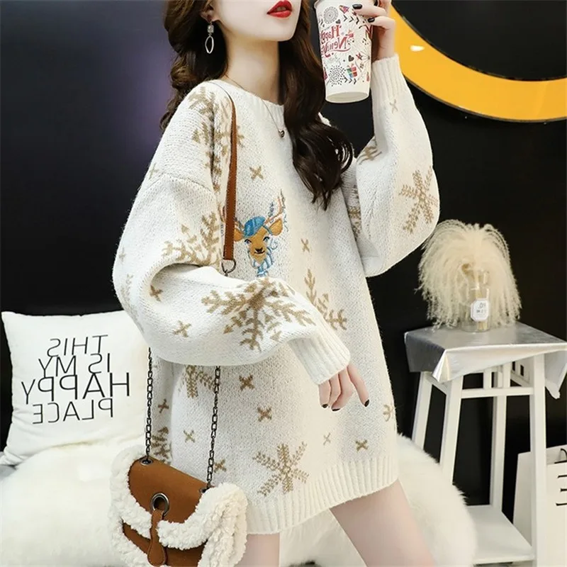 Christmas Elk Sweater Women New Style Autumn Winter Embroidered Pullover Loose Sweater Jacket All-match Thicken Top Fall Women