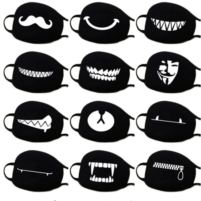 Masque facial drôle d\'ours de bande dessinée, masque de gril d\'anime de Kpop, lavable et réutilisable, noir