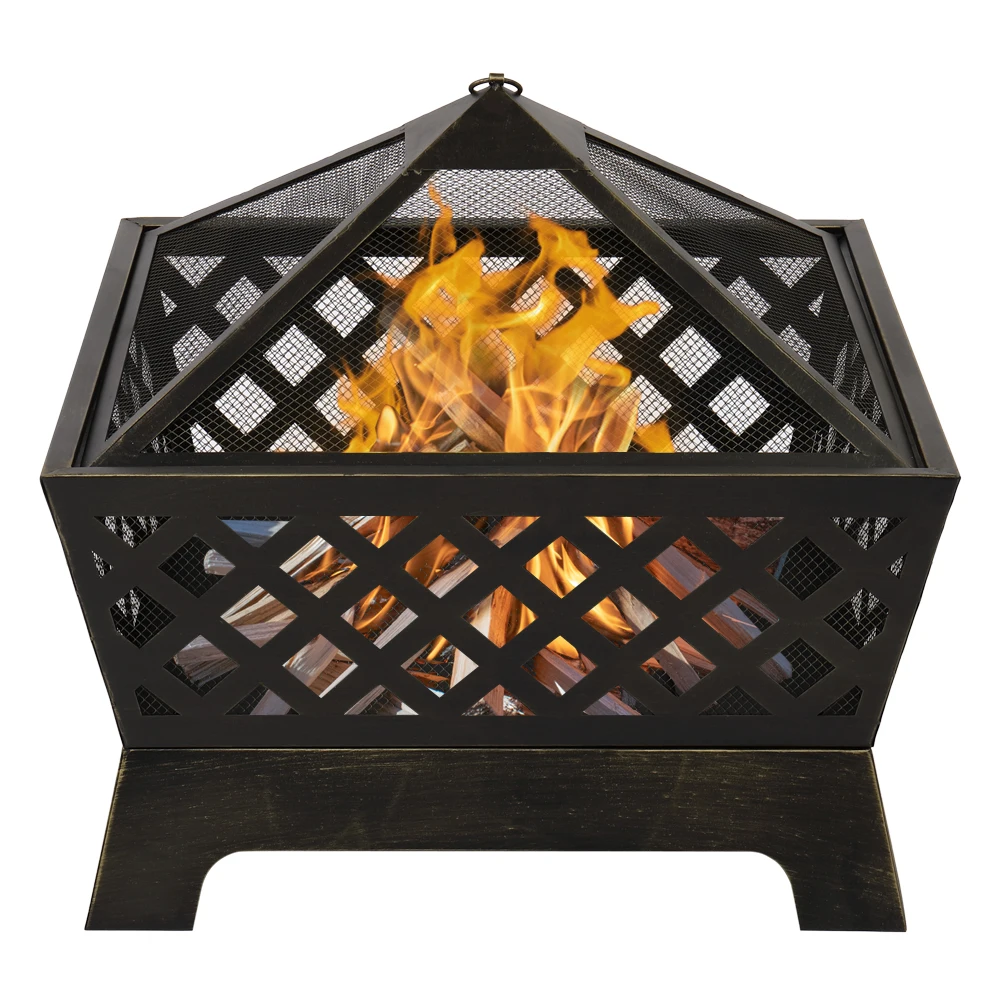 4 Angles Mesh Brazier Bronze Fire Pit Backyard Poolside 100% Iron Black Courtyard Metal Fire Bowl