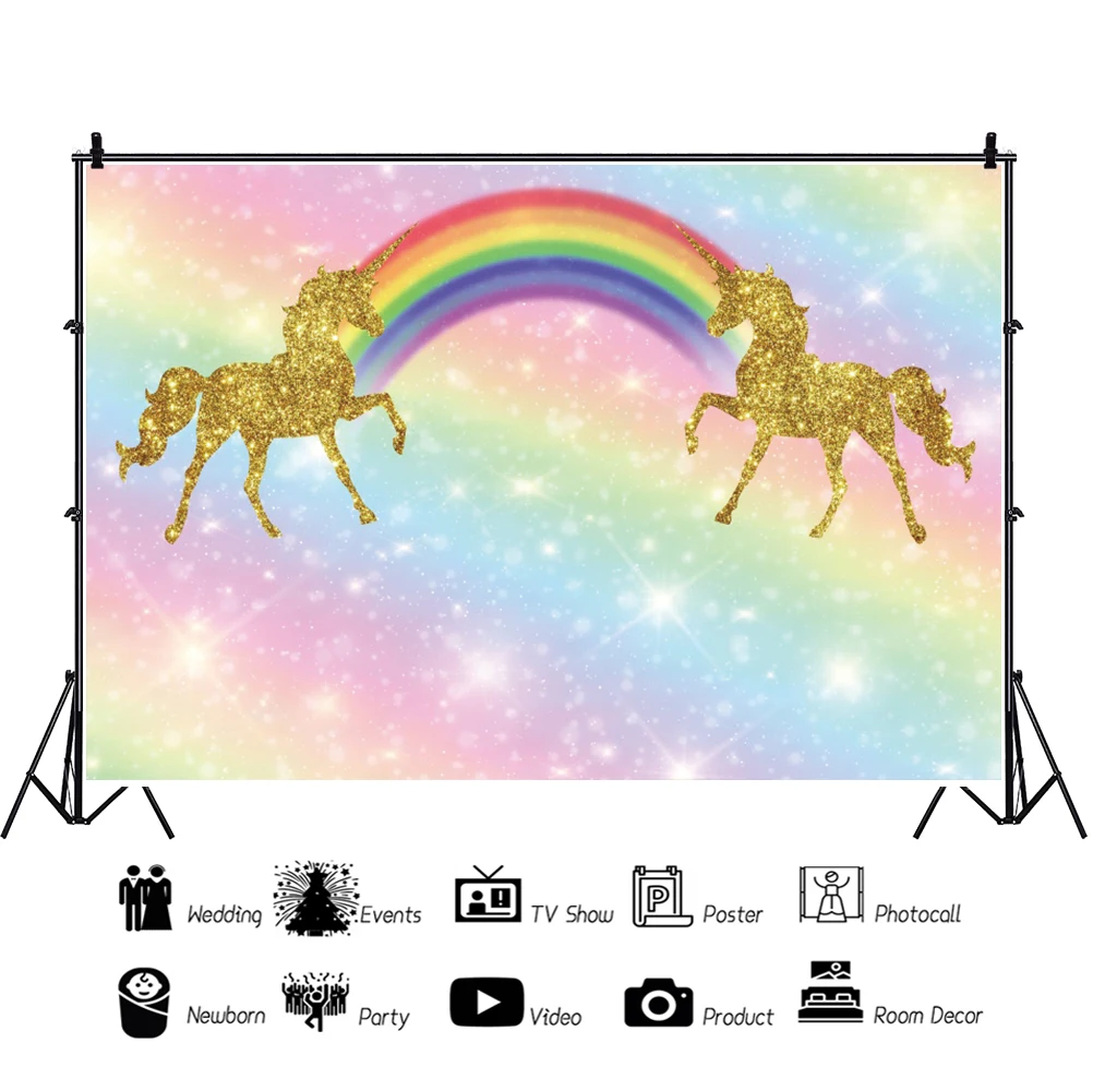 Laeacco золотой единорог Радуга день рождения фон для фотографии Блестящий горошек День Рождения Вечеринка фото фон фотостудия