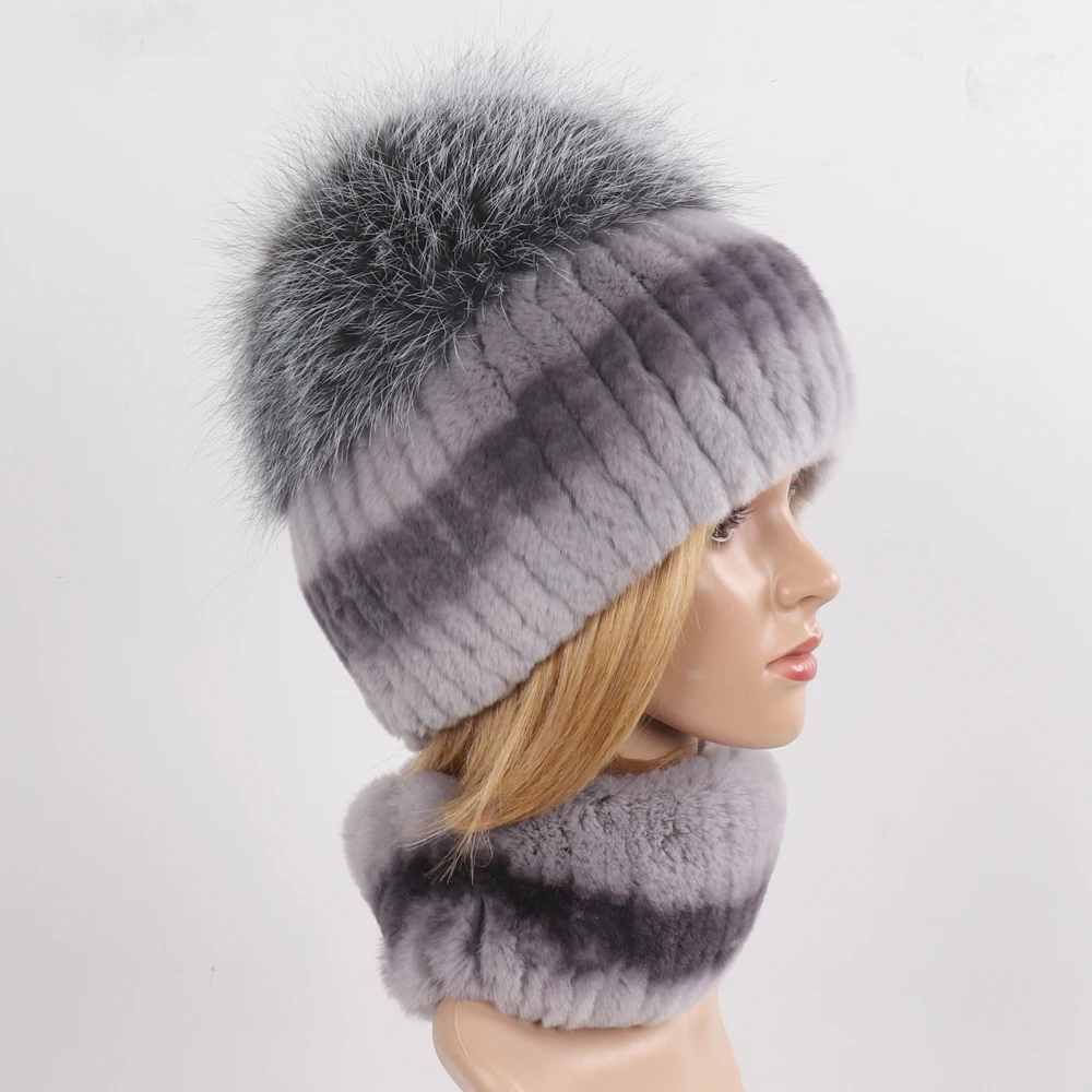 Women's Winter Warm Genuine Fur Hat Scarf Set Real Rex Rabbit Fur Cap with Silver Fox Scarves 2-Piece Natural Fashion Accessory
