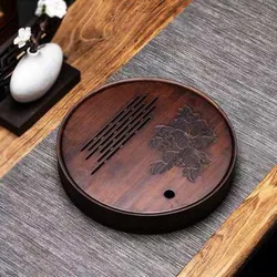 Peony Flower Round Tea Tray-Natural Bamboo Wood Tea tabl Tray Tea Set Board Bamboo Pu er Tea Tray Kitchen Accessories