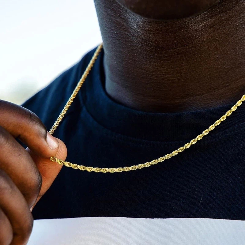 Gold Color Twisted Rope Chain Necklaces For Men Hip Hop Rapper 3MM Stainless Steel Chain Choker Minimalist Necklace Jewelry C022