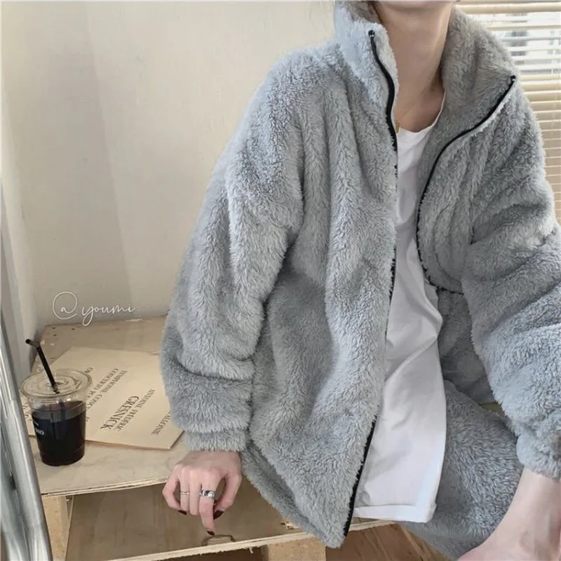 Chic Thick Warm Coral Fleece Pajama Sets Women Thermal Zipper Soft Furry Sleepwear Simple Harajuku Couples Fall Winter Nightwear