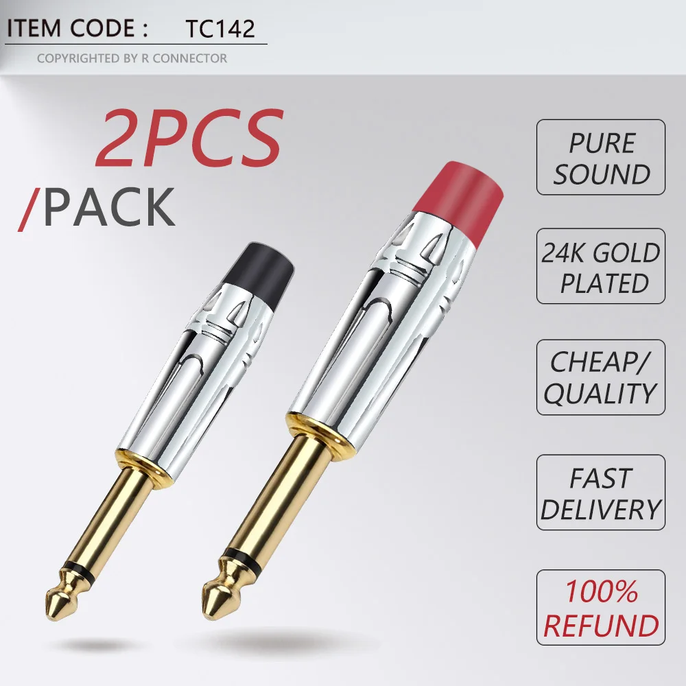 2PCS Mono 6.35MM Jack 6.3MM Male Plug Soldering Wire Connector Brass Gold Plated 1/4 Inch Microphone Plug