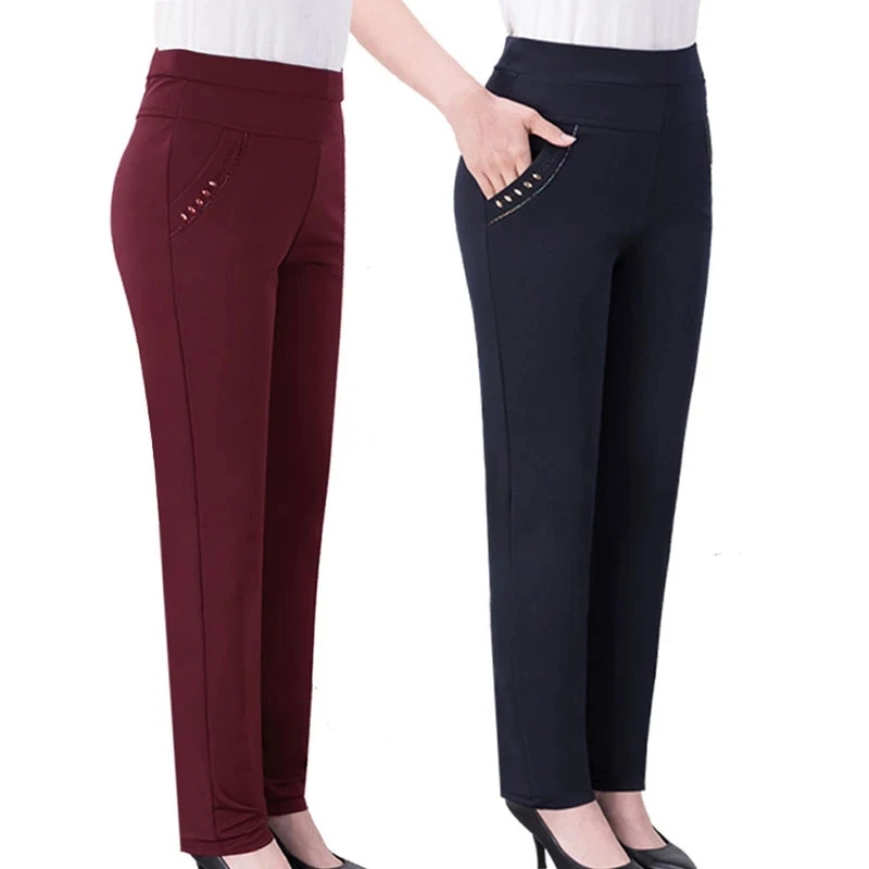 Autumn Women's Trousers 2022 New Fashion Middle-aged Elderly Solid Elastic High Waist Casual Pants Female Straight Pants