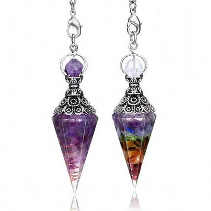 

KFT 2Pcs Natural Healing Crystal Pendulum 7 Chakra Reiki Dowsing Divination 6 Facet Pointed Resin Stone Pendant Pendulum