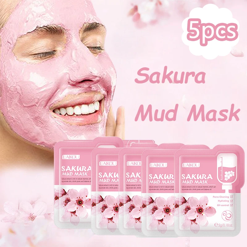 5pcs LAIKOU Japan Sakura Mud Face Mask Anti Wrinkle Night Facial Packs Skin Clean Dark Circle Moisturize Anti-Aging For Facecare