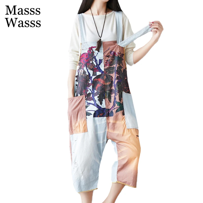 

Masss Wasss Summer New Style Ladies Casual Printed Calf-length Overalls Womens Vintage Ripped Pants Female Oversized Pantalons