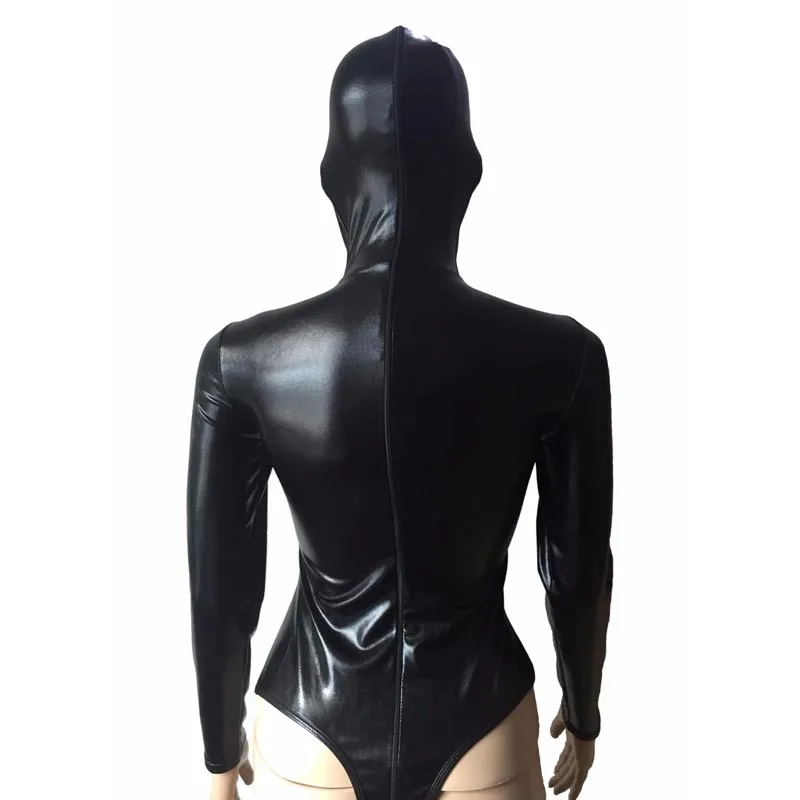 Vrouwen Faux Leather Wet Look Volledige Hooded Zentai Pak Bodysuit met Kap Body Terughoudendheid Catsuit Fetish Kostuum